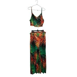 SHEIN 2X 2 Piece Set Cropped Top High Waist Wide Leg Pants Tropical Floral Print